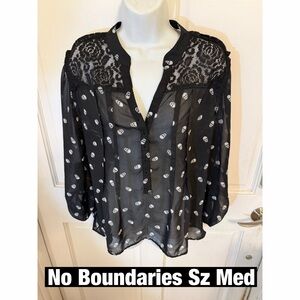 No Boundaries Lace Sheer Black Blouse with White Skull Pattern Sz M
